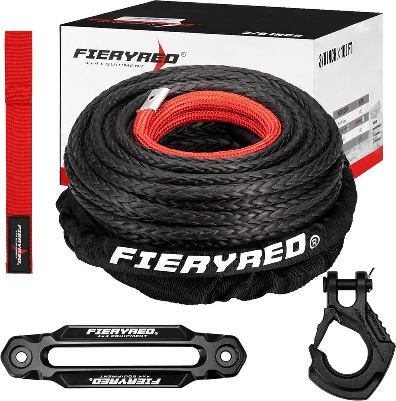 FIERYRED Synthetic Winch Rope 3/8 Inch100FT 23809Ibs Winch Line Cable Rope with Winch Hook Fairleads for 4WD Off Road Vehicle ATV UTV SUV - Image 1